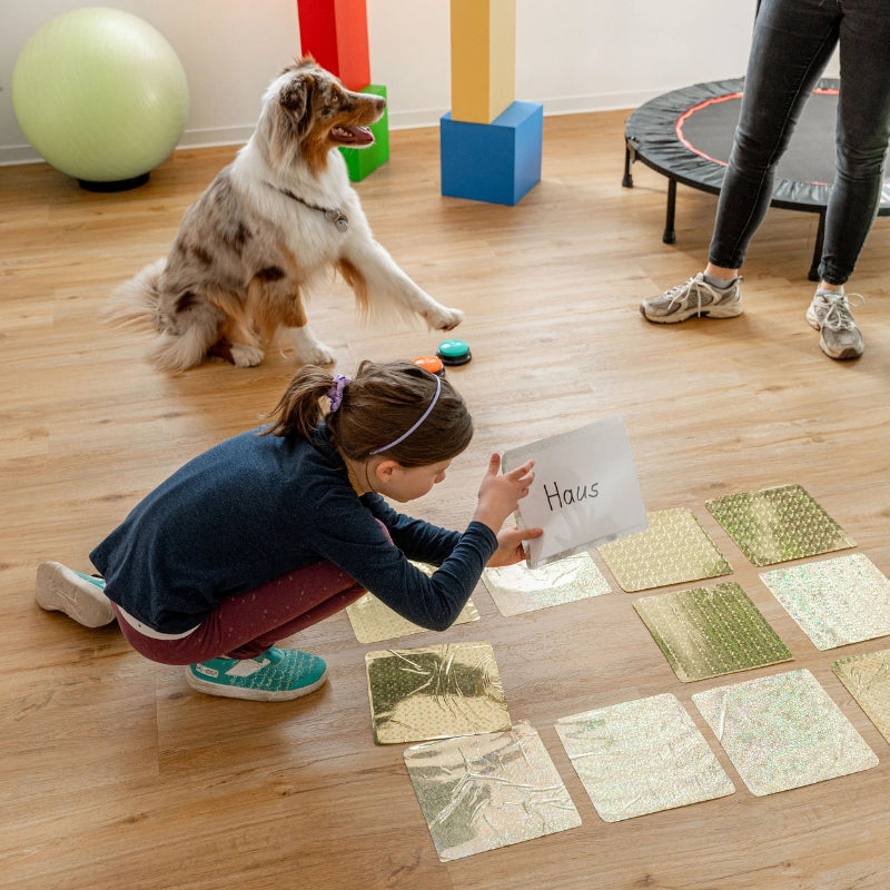 Kind arbeitet gemeinsam mit einem Therapiehund an einer Übung zur Förderung von Konzentration und Aufmerksamkeit