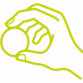 Lineare Illustration einer Hand die einen runden Ball gezielt greift und die Fähigkeit zum Zugreifen symbolisiert